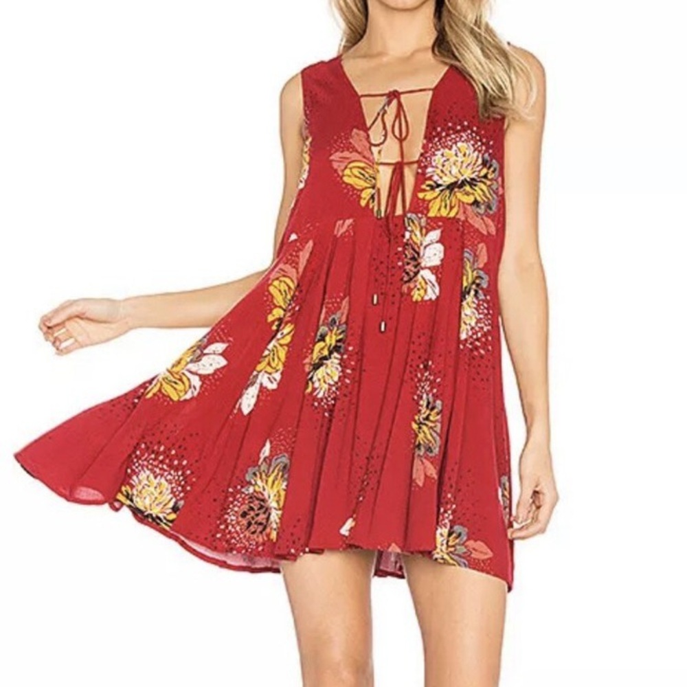 Free People Red Floral Tie-Front Swing Dress